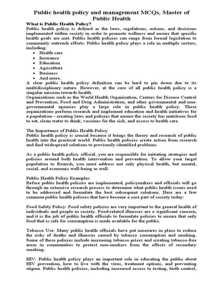Public Health Policy MCQs and Insights | PDF | Public Health | Health ...
