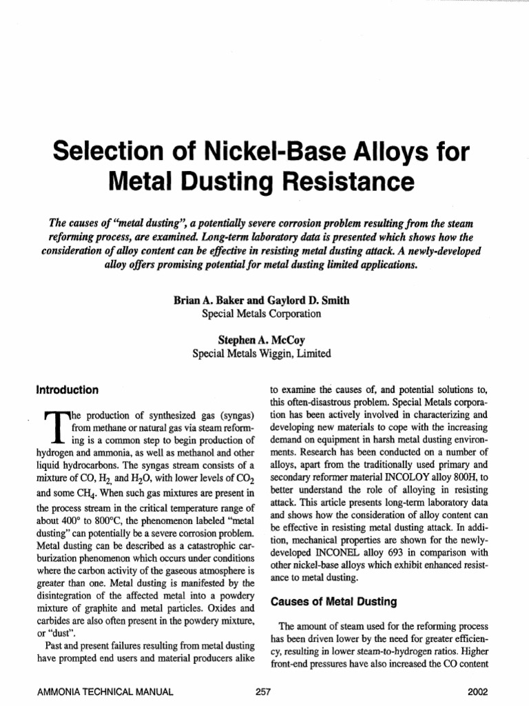Selection of NickelBase Alloys for Metal Dusting Resistance Laboratory Testing Shows Promising