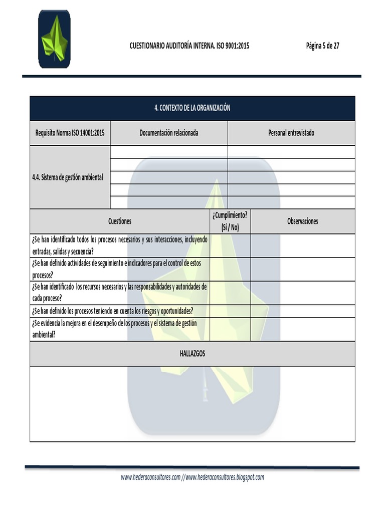 Check List Auditoría ISO 14001 2015 2 | PDF | Auditoría | Planificación