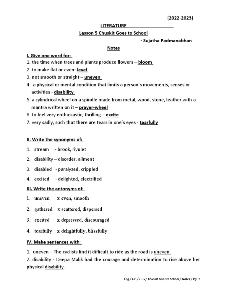 V Lit L 5 Chuskit Goes To School Notes PDF