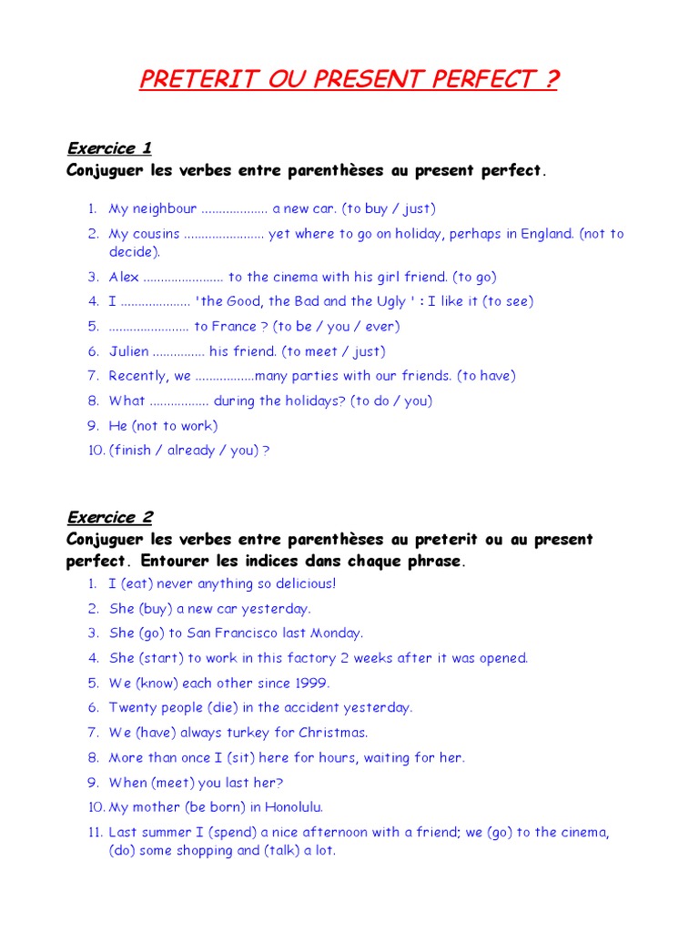 Exercices sur le Prétérit et Present Perfect | PDF | Language Arts ...