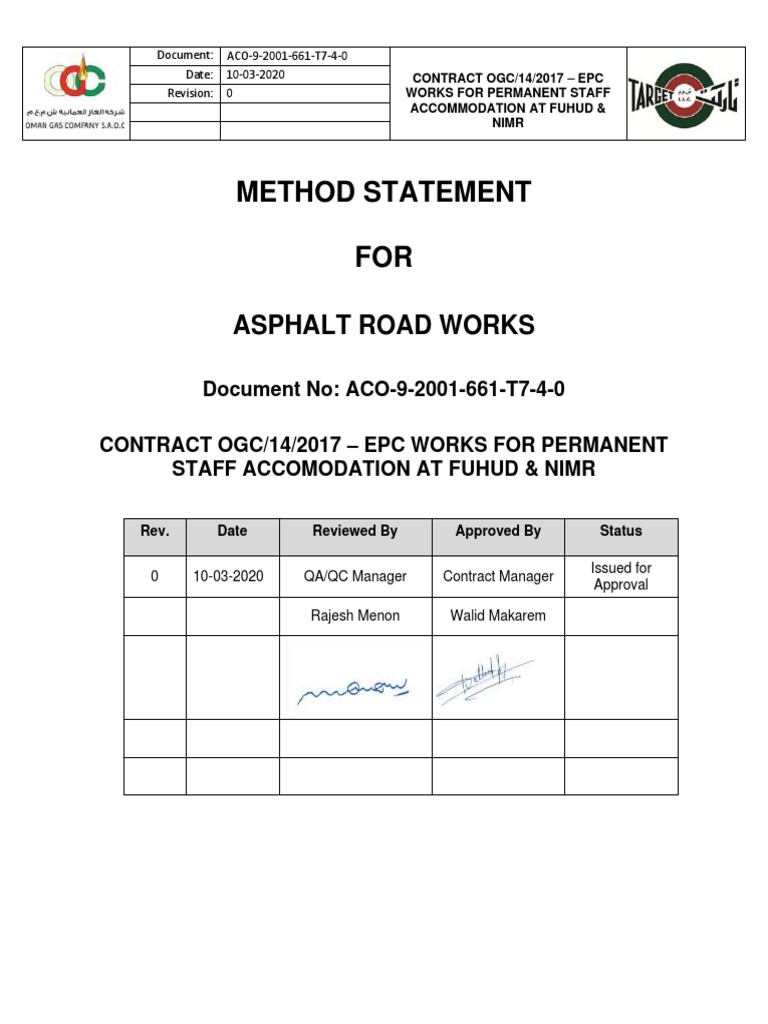 2648 - Aco 9 2001 661 t7 4 0 Method Statement For Asphalt Road Works ...