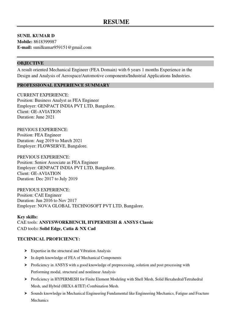 FEA Engineer Resume: Sunil Kumar D | PDF | Finite Element Method ...