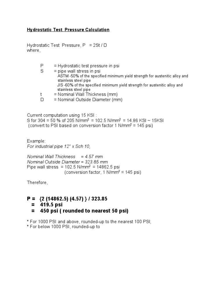 Hydrostatic Test Pressure Calculation Guide | PDF