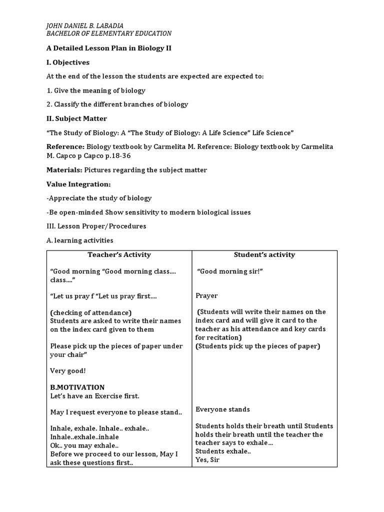 A Detailed Lesson Plan in Biology II PDF Zoology Botany