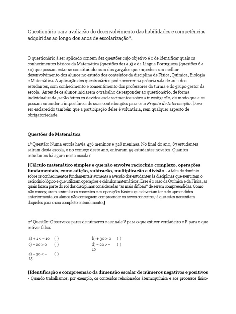 Questoes de matematica - Questionário