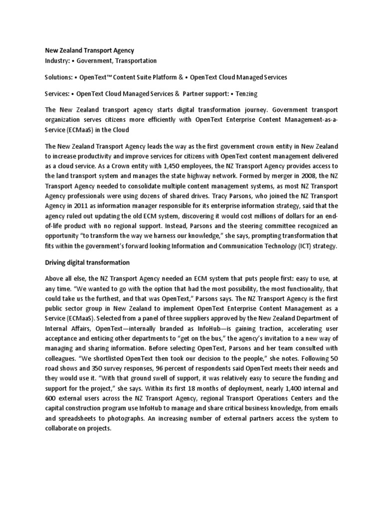 OpenText-Implementation For New Zealand Transport Agency | PDF | Cloud ...