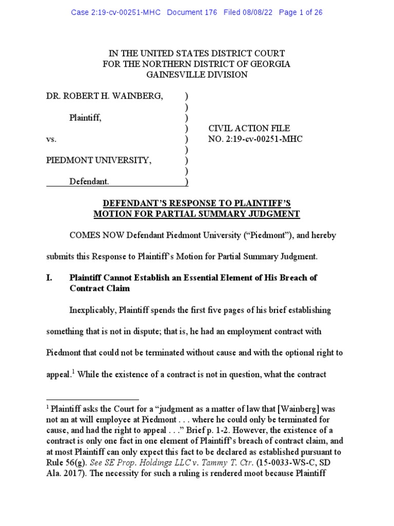 Defendant's Response To Plaintiff's Motion For Summary Judgment