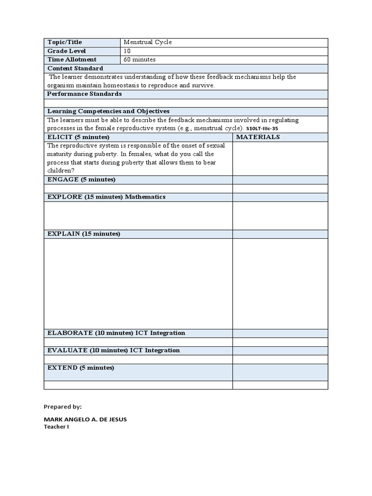 Grade 10 Menstrual Cycle Lesson Plan | PDF