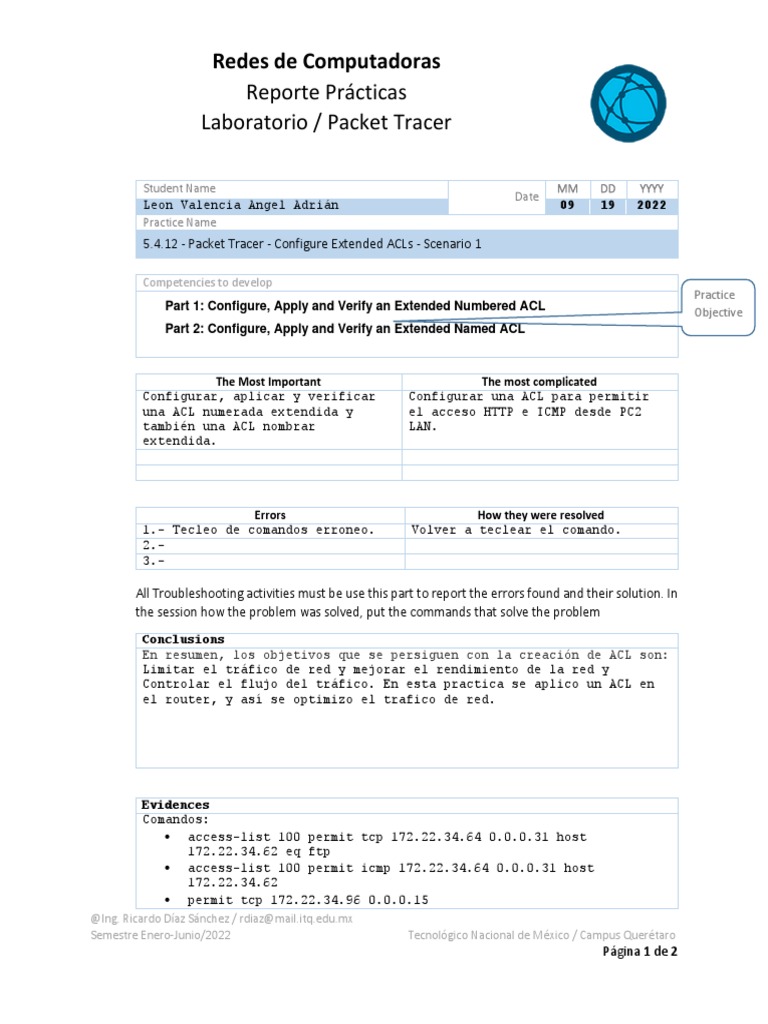 Configuración de ACLs Extendidas en Packet Tracer | PDF | Red de ...