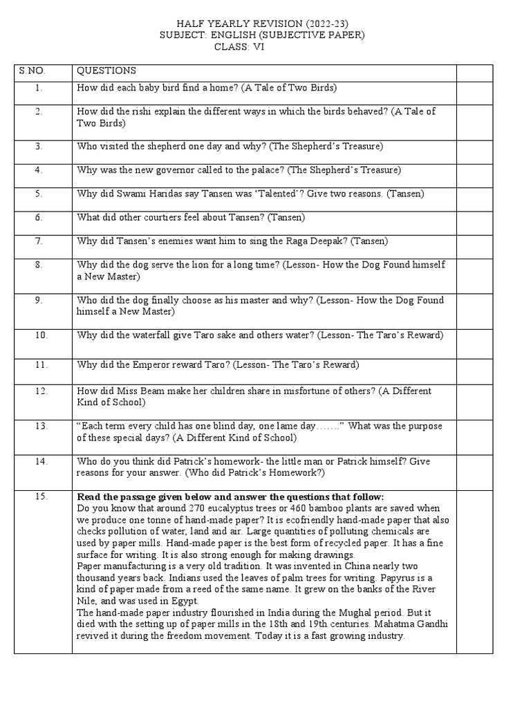 Revision Subjective Paper Class 6 PDF Paper Papermaking