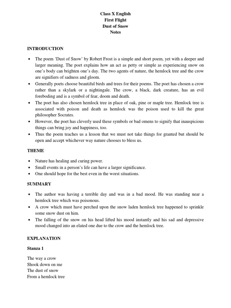Class 10 English Dust Of Snow Word Meaning