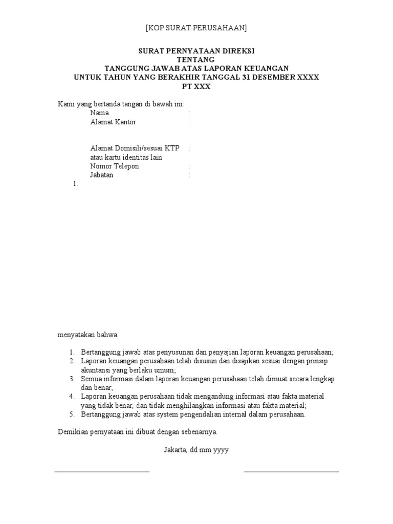 Contoh Surat Pernyataan Direksi