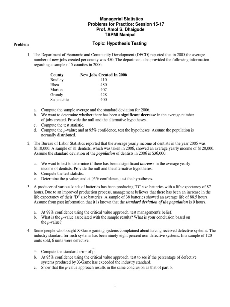 Hypothesis Testing Practice Problems | PDF | P Value | Statistical ...