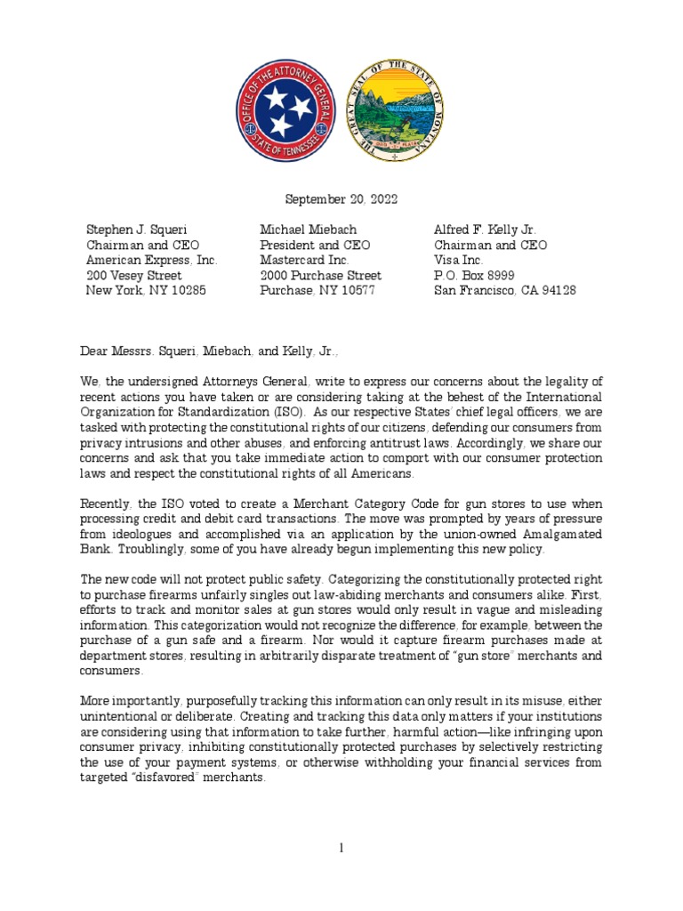 Second Amendment & ISO Merchant Code Multistate Letter | PDF | Privacy ...