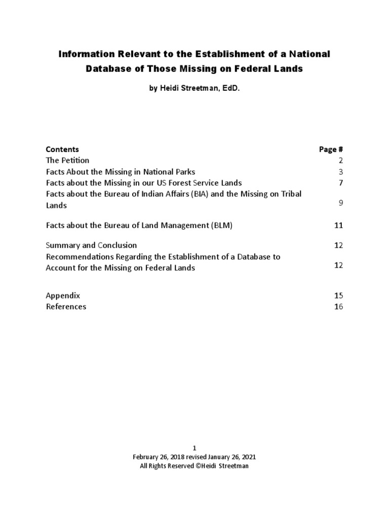 Information Relevant To The Establishment of A National Database of ...