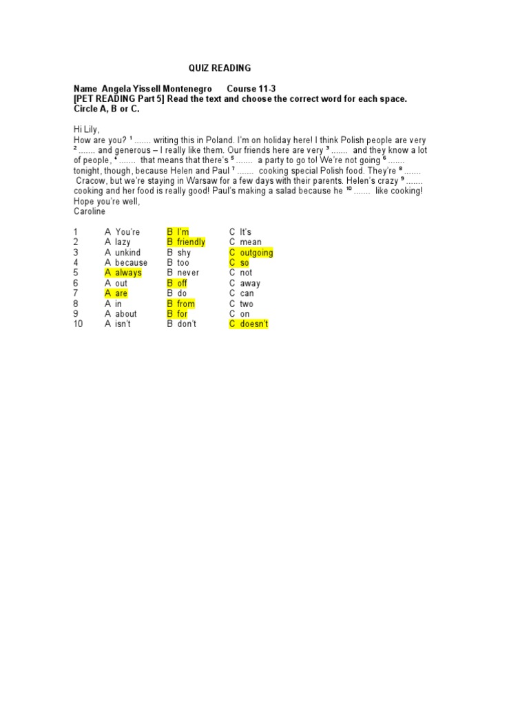 QUIZ READING PART 5 ET1-2 Angela Yissell Momtenegro | PDF