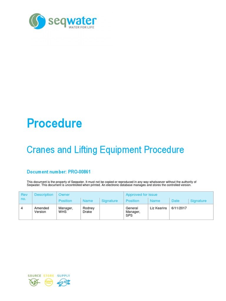 PRO00861 Corporate Safety Cranes and Lifting Equipment Safety Procedure PDF Crane