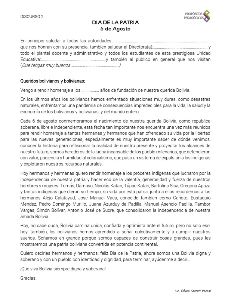 Discurso por el Día de la Patria en Bolivia | PDF | Bolivia | América ...