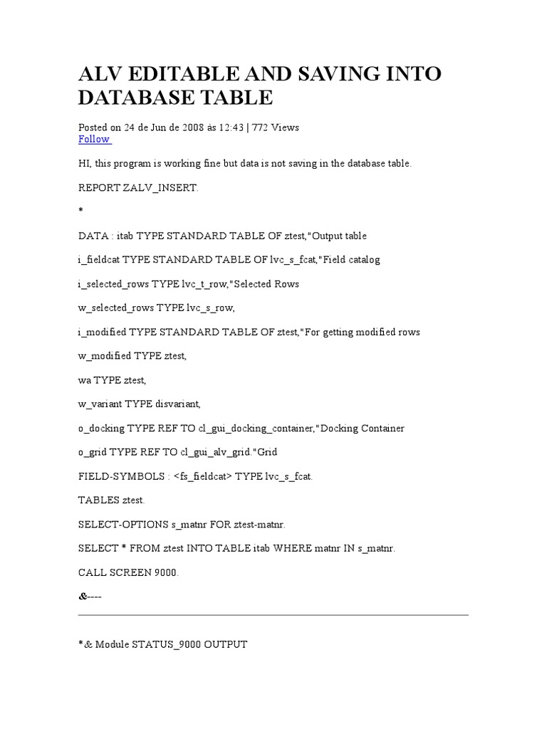Editable ALV Data Saving in SAP ABAP | PDF | Database Index ...