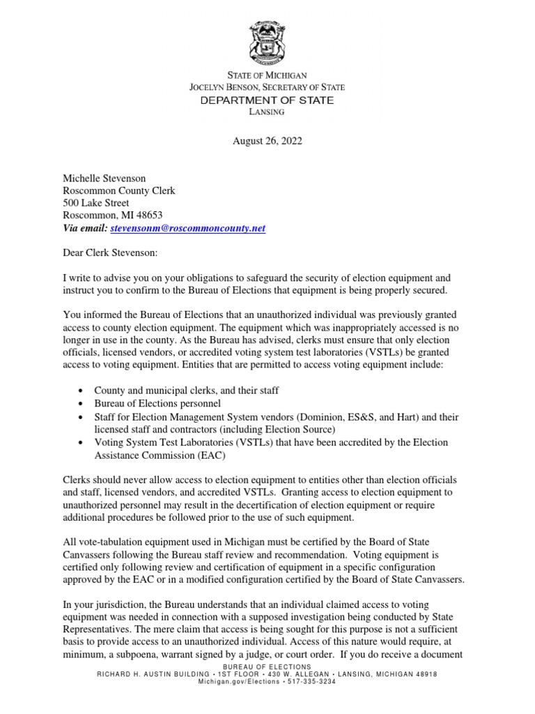 Michigan letter to County clerk PDF Government Justice