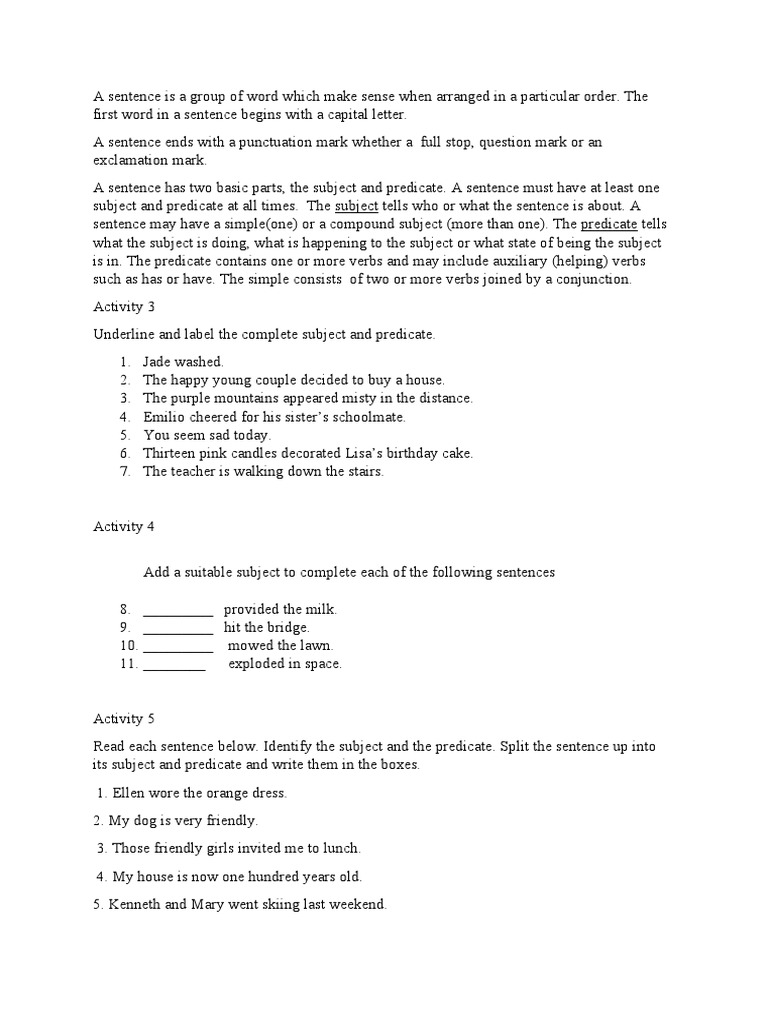 Sentence Structure & Reading Skills | PDF | Subject (Grammar ...