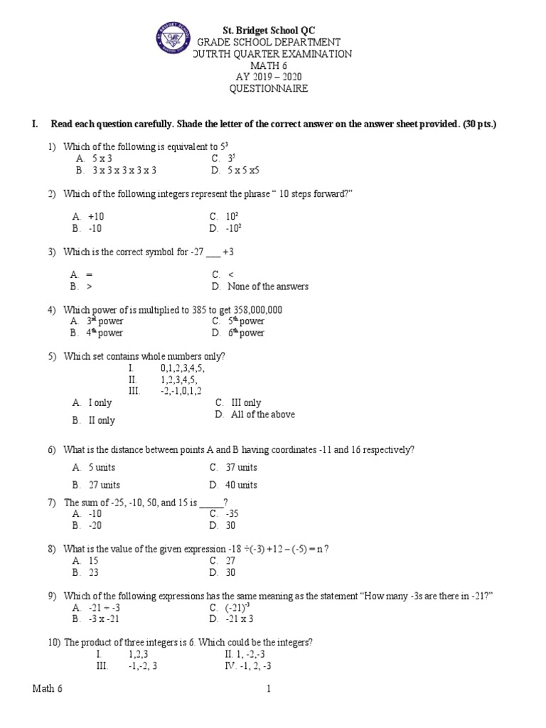 Math 6 4th Quarter Exam PDF Numbers Equations