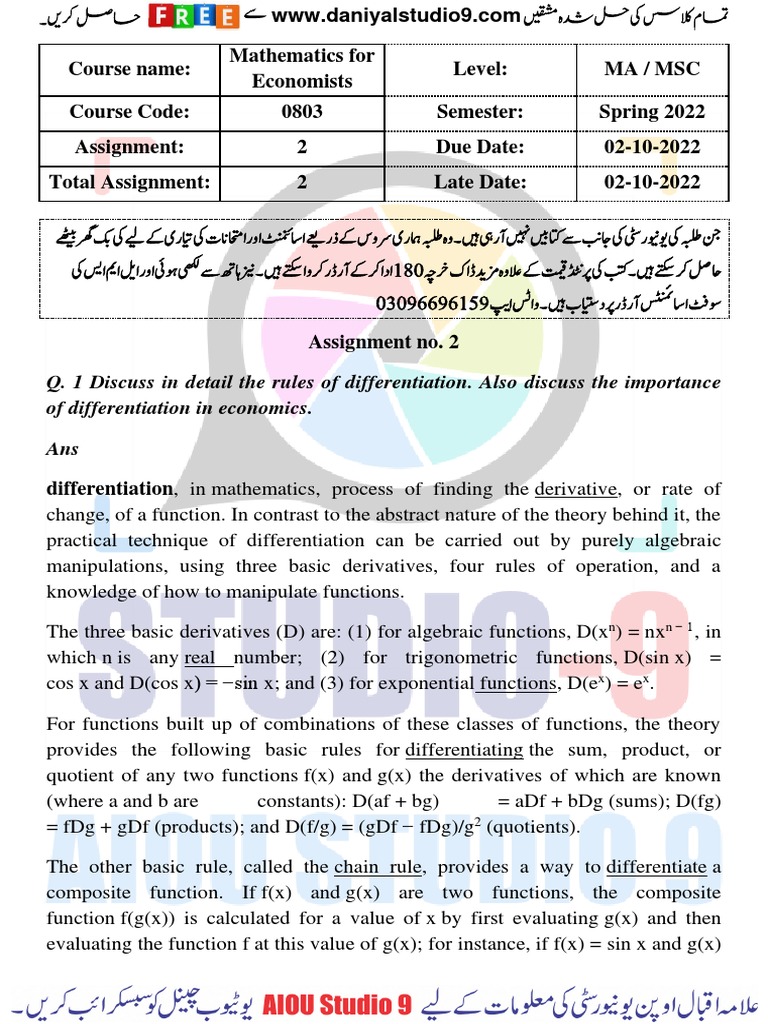 Q. 1 Discuss in Detail The Rules of Differentiation. Also Discuss The