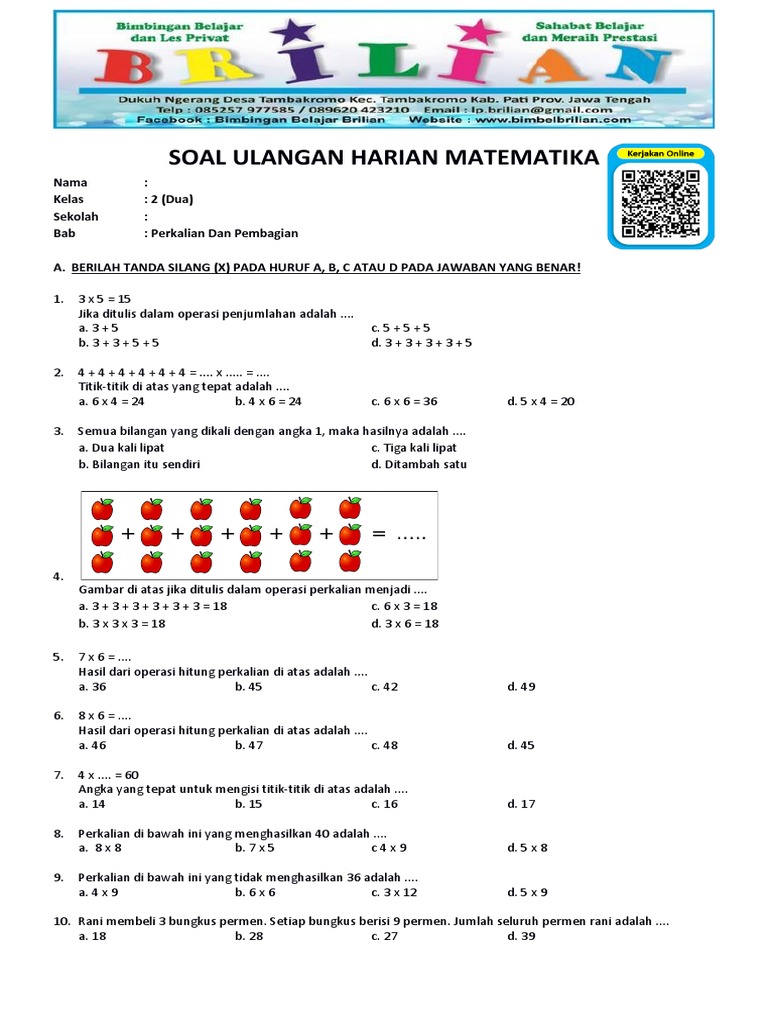 Soal Matematika Kelas 2 Sd Bab 5 Perkalian Dan Pembagian Dan Kunci