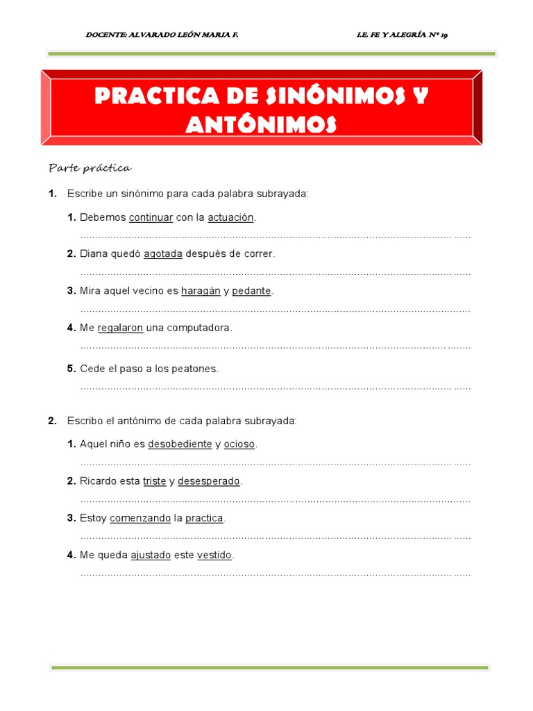 Práctica de sinónimos y antónimos | PDF | Semántica léxica