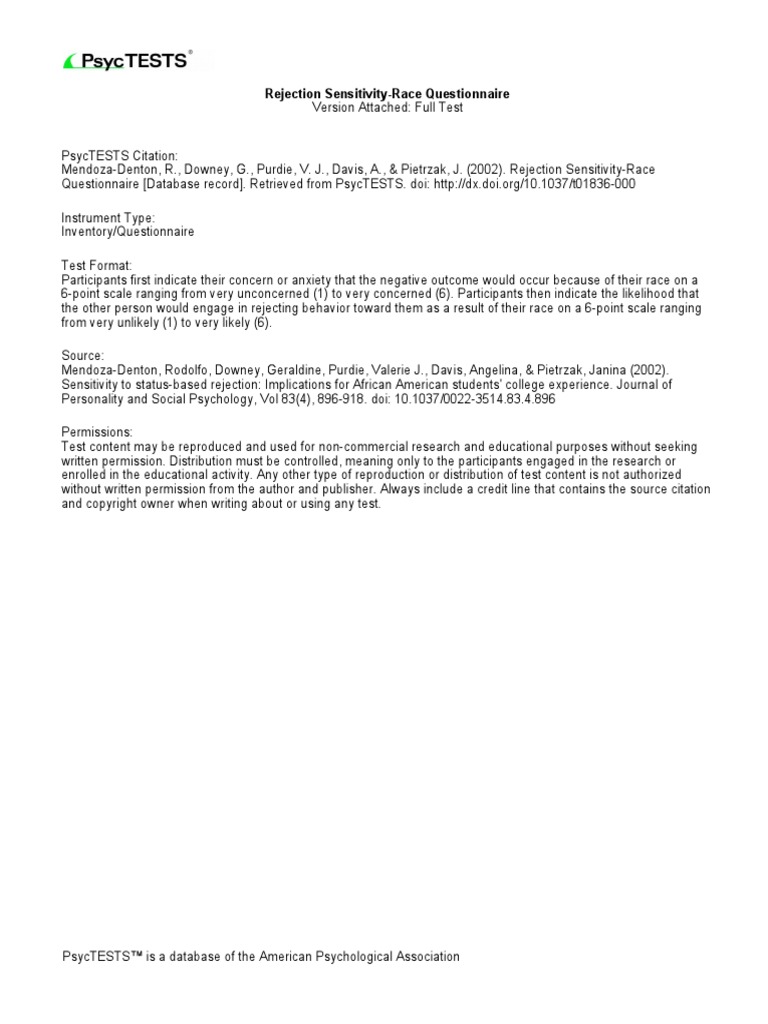 Rejection Sensitivity-Race Questionnaire | PDF | Psychology ...