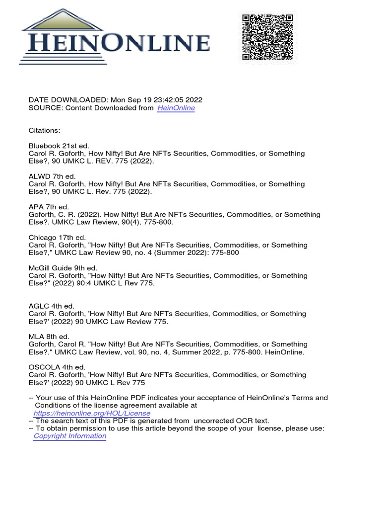 How Nifty! But Are NFTs Securities, Commodities, or Something Else | PDF |  Cryptocurrency | U.S. Securities And Exchange Commission