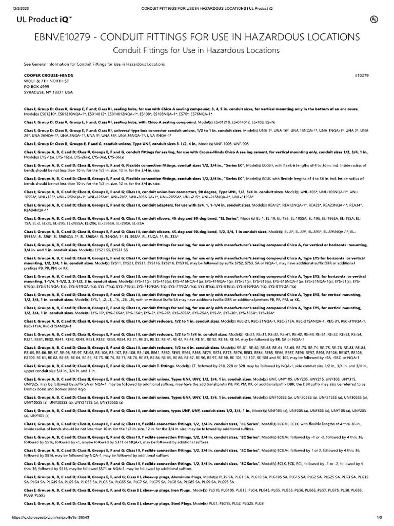 Crouse Hinds CONDUIT FITTINGS FOR USE IN HAZARDOUS LOCATIONS UL Product Iq PDF