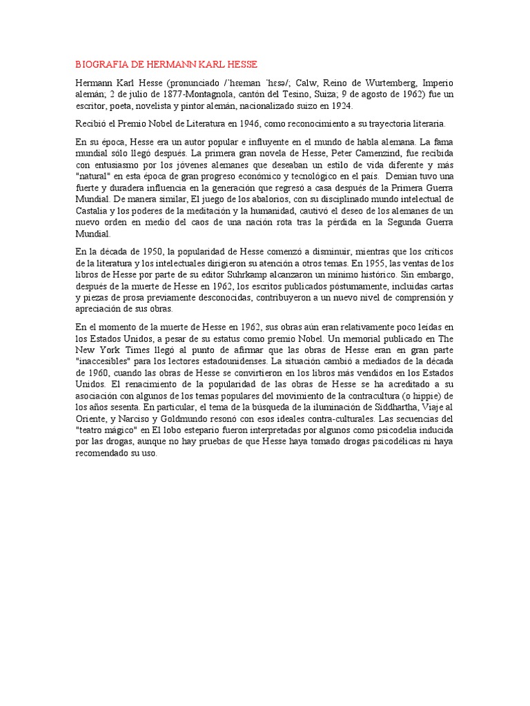 Biografía de Hermann Hesse | PDF | Hermann Hesse