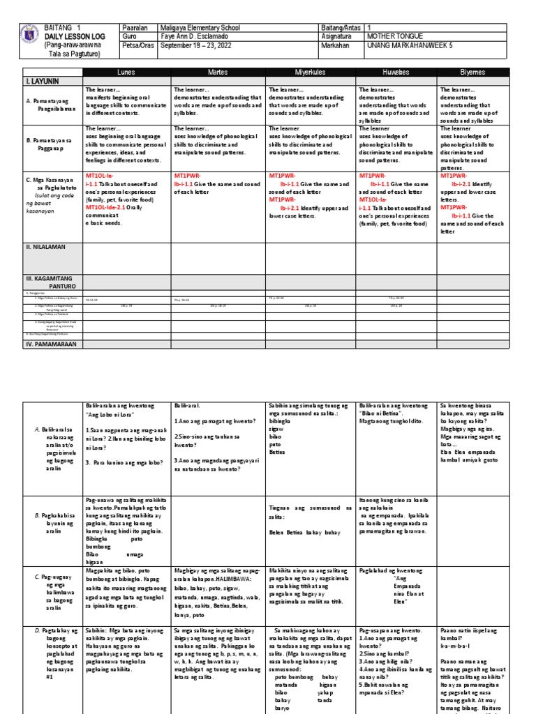 Daily Lesson Log for Grade 1 Mother Tongue | PDF | Linguistics | Cognition