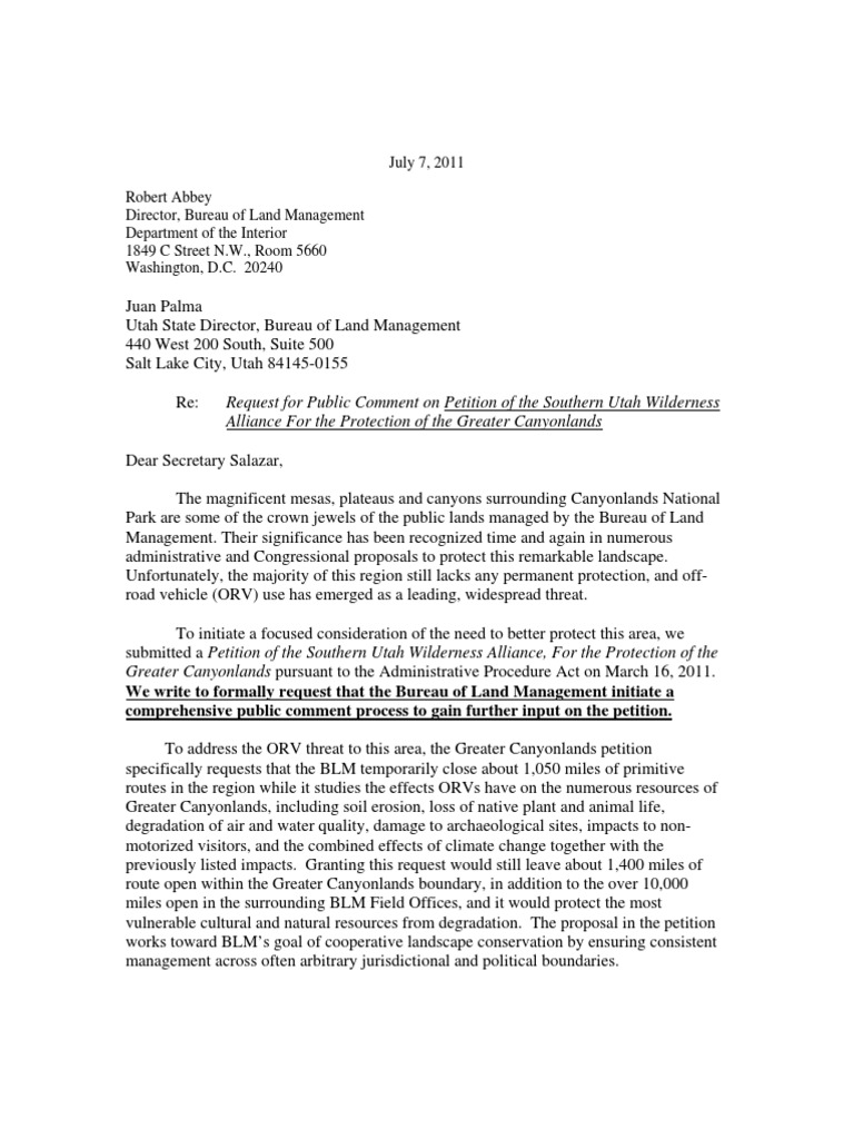GC Petition Comment Request Letter | PDF | Bureau Of Land Management | Utah