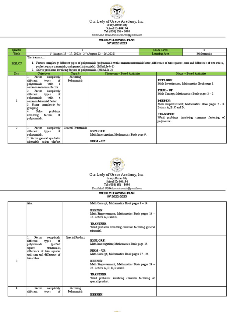 Grade 8 Weekly Learning Plan: Math | PDF | Factorization | Mathematics