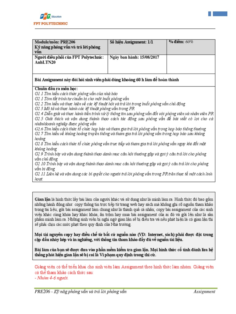 PRE206-Ky Nang Phong Van Va Tra Loi Phong Van-Assignment - FA20 | PDF