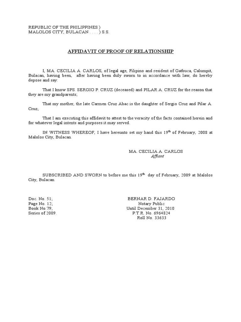 Affidavit of Proof of Relationship | PDF | Affidavit | Legal Communication