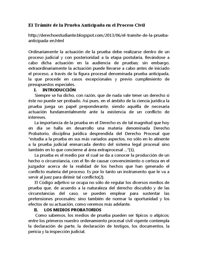 Prueba Anticipada en El Proceso Civil | Descargar gratis PDF