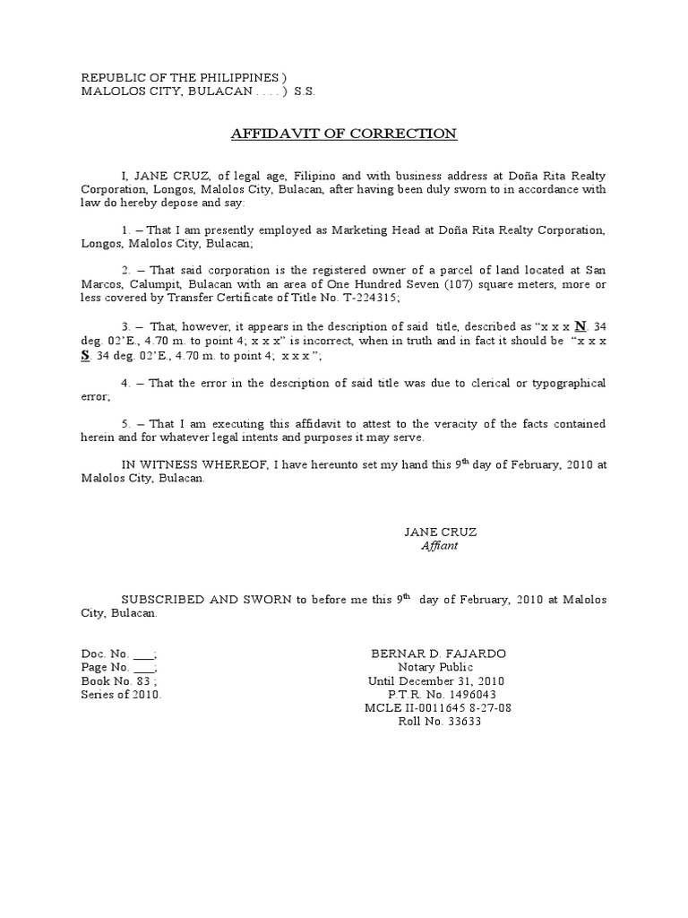 Affidavit of Correction | PDF | Affidavit | Government