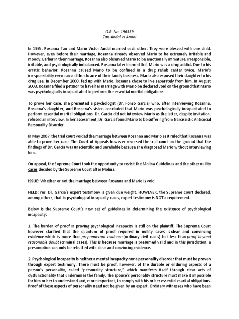 Tan andal vs andal case digest pdf burden of proof law evidence