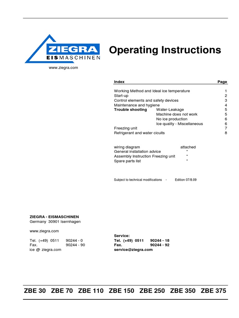 Ziegra Ice-Makers ZBE Manual | PDF | Ice | Refrigeration