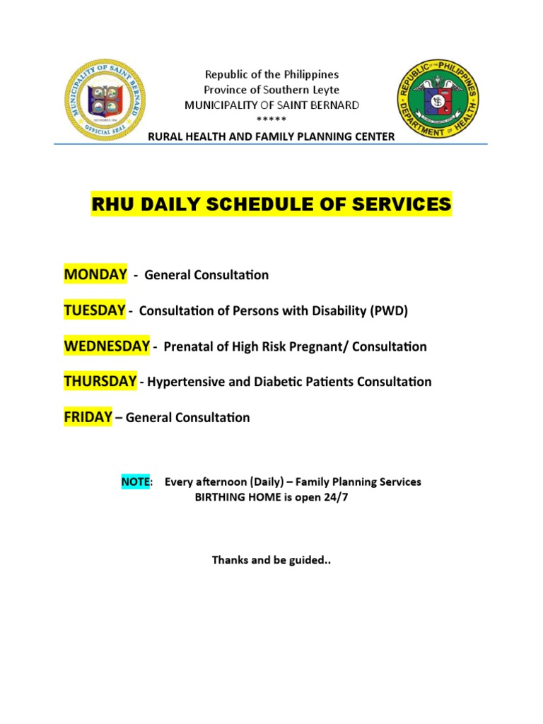 Saint Bernard RHU Service Schedule | PDF | Lifestyle