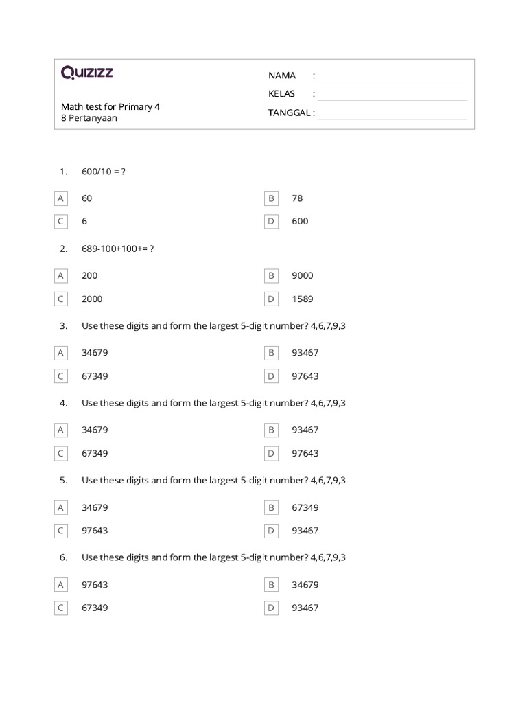 Primary 4 Math Test Questions | PDF | Career & Growth | Teaching ...