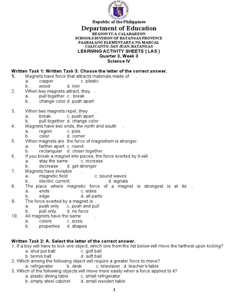 Grade 4 LAS Q3 W3 Science | PDF | Magnet | Force