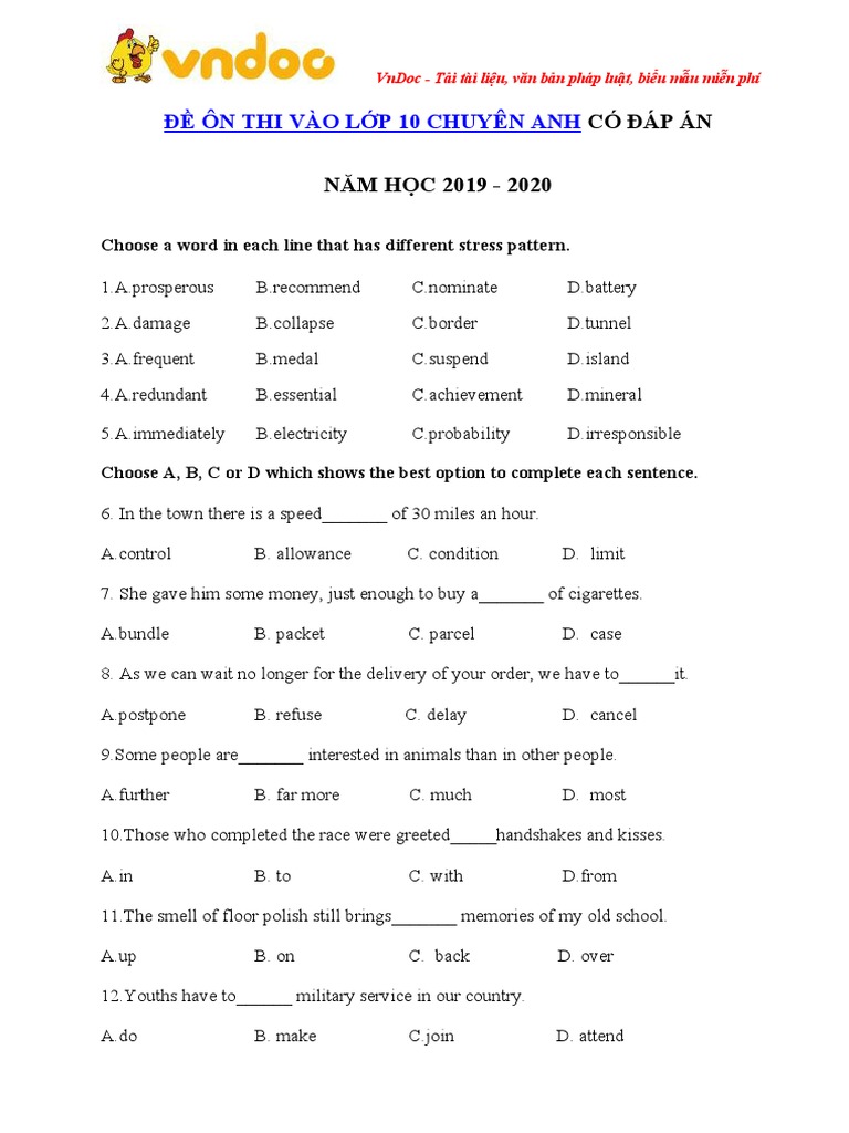 De On Thi Vao Lop 10 Chuyen Tieng Anh Nam Hoc 2019 2020 So 22 | PDF