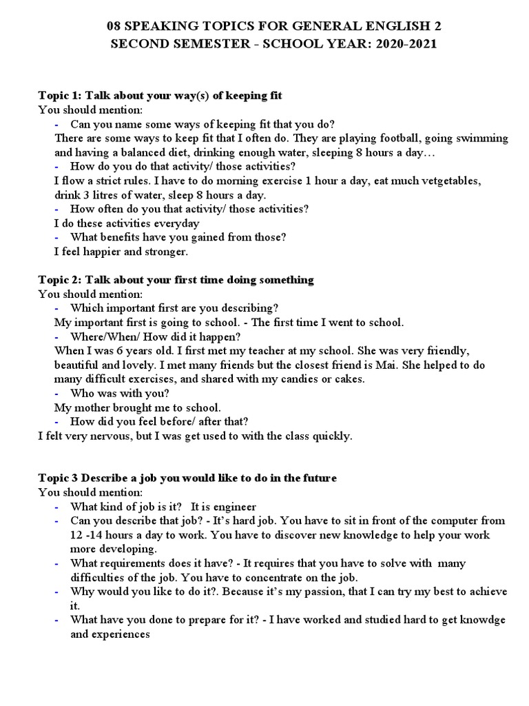 General English Speaking Topics A2 | PDF