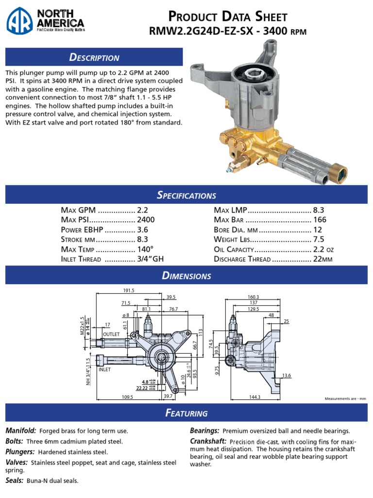 AR RMW2.2G24 EZ SX Pump Datasheet | PDF | Pump | Bearing (Mechanical)