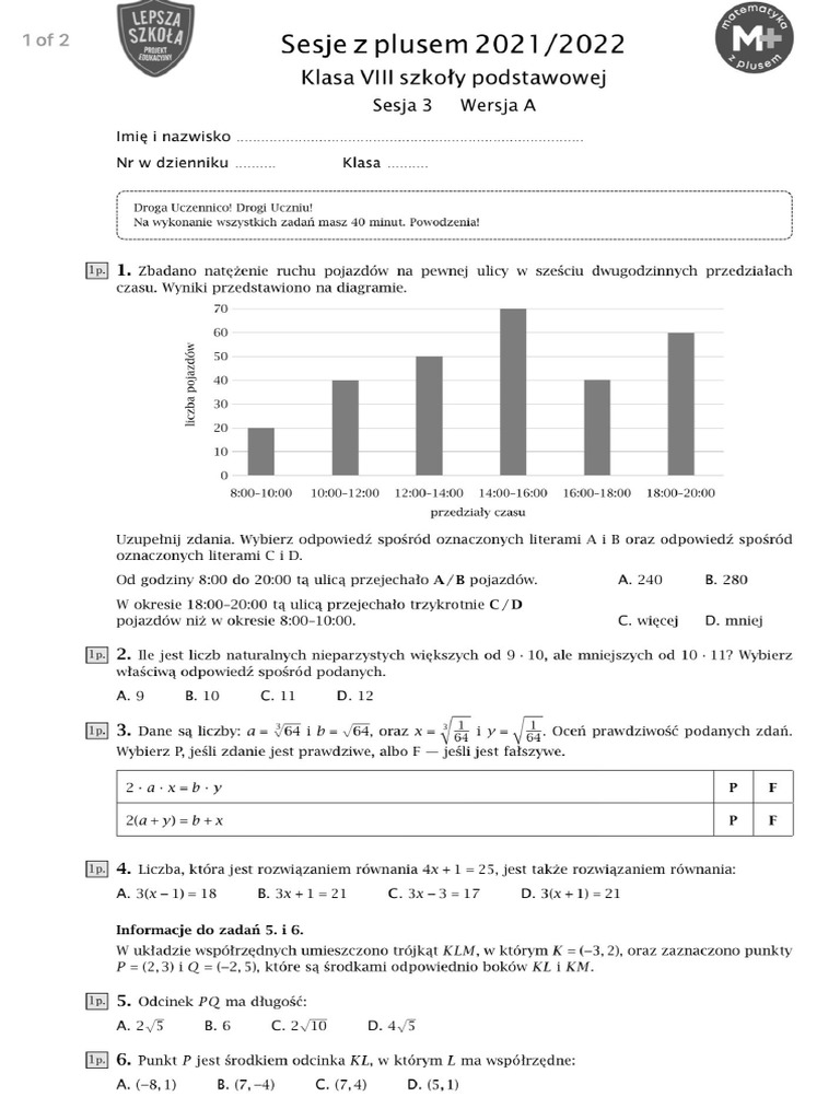 Sesja Z Plusem Klasa 5 Sesja Z Plusem 2021-2022 Klasa 8 Wersja A | PDF